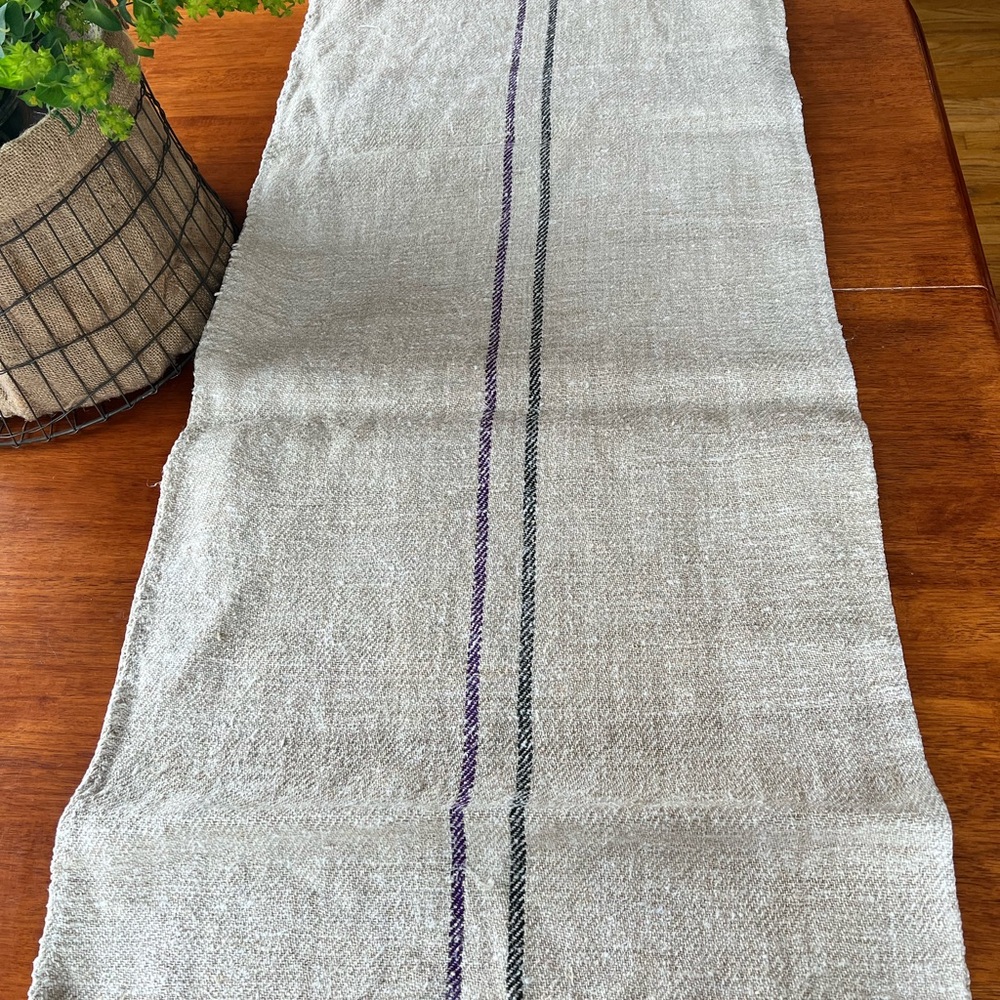 Elegant Cream Grain Sack with Purple and Black Stripes